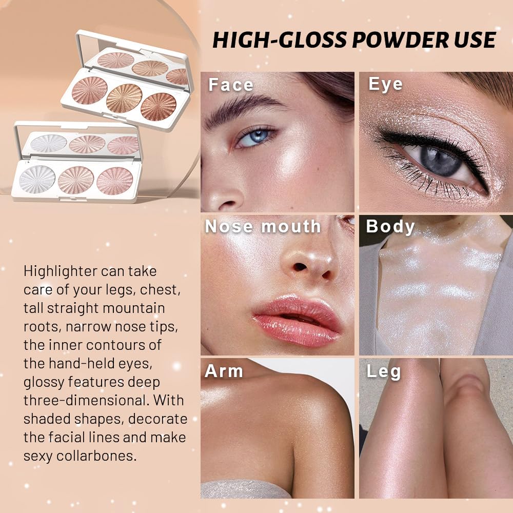 Pearl White Ice Silver Champagne Gold Rose Pink Shimmer Glitter Highlighter Highlight Makeup Contour Powder,Glitter Face Illuminator Highlighter, Illuminator Make Up (Lunar Glow Trio)