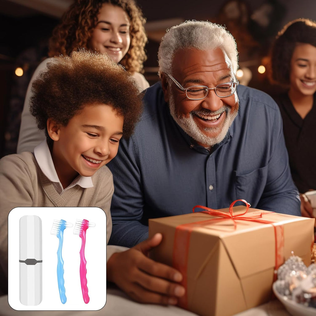 2-Piece Denture Cleaning Brush Set - Multi-Layered Bristles False Toothbrush with Ergonomic Handle and White Carrying Case for Fake Teeth Cleaning, Travel-Sized Oral Care Tool (Blue&Red, One Size)