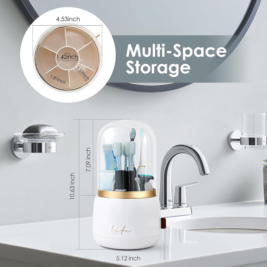 EXIN DECHEN Toothbrush Holders with Cover for Bathrooms, 360° Rotating 7-Slot Draining Water for Placing Kids Electric Toothbrushes,Toothpaste,Razors,Bathroom Counter Dresser Vanity Organizer(White)