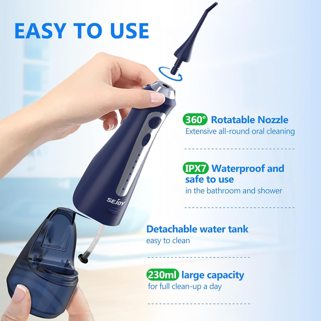 Sejoy Water Flossers for Teeth Cleaning, Water Flosser for Teeth Rechargeable Cordless, Electric Portable, 5 Cleaning Modes 8 Jet Tips, IPX7 Waterproof, 230ml, for Travel and Home