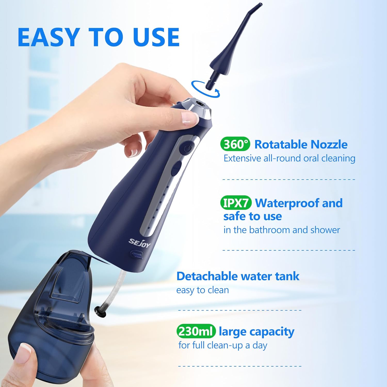 Sejoy Water Flossers for Teeth Cleaning, Water Flosser for Teeth Rechargeable Cordless, Electric Portable, 5 Cleaning Modes 8 Jet Tips, IPX7 Waterproof, 230ml, for Travel and Home