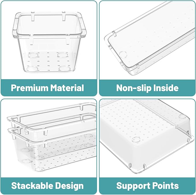 WOWBOX 24 PCS Clear Plastic Drawer Organizer Set, 4 Sizes Desk Drawer Organization and Storage Containers for Makeup, Cosmetics, Jewelry and Gadgets in Kitchen, Bathroom, Bedroom, Office, Clear