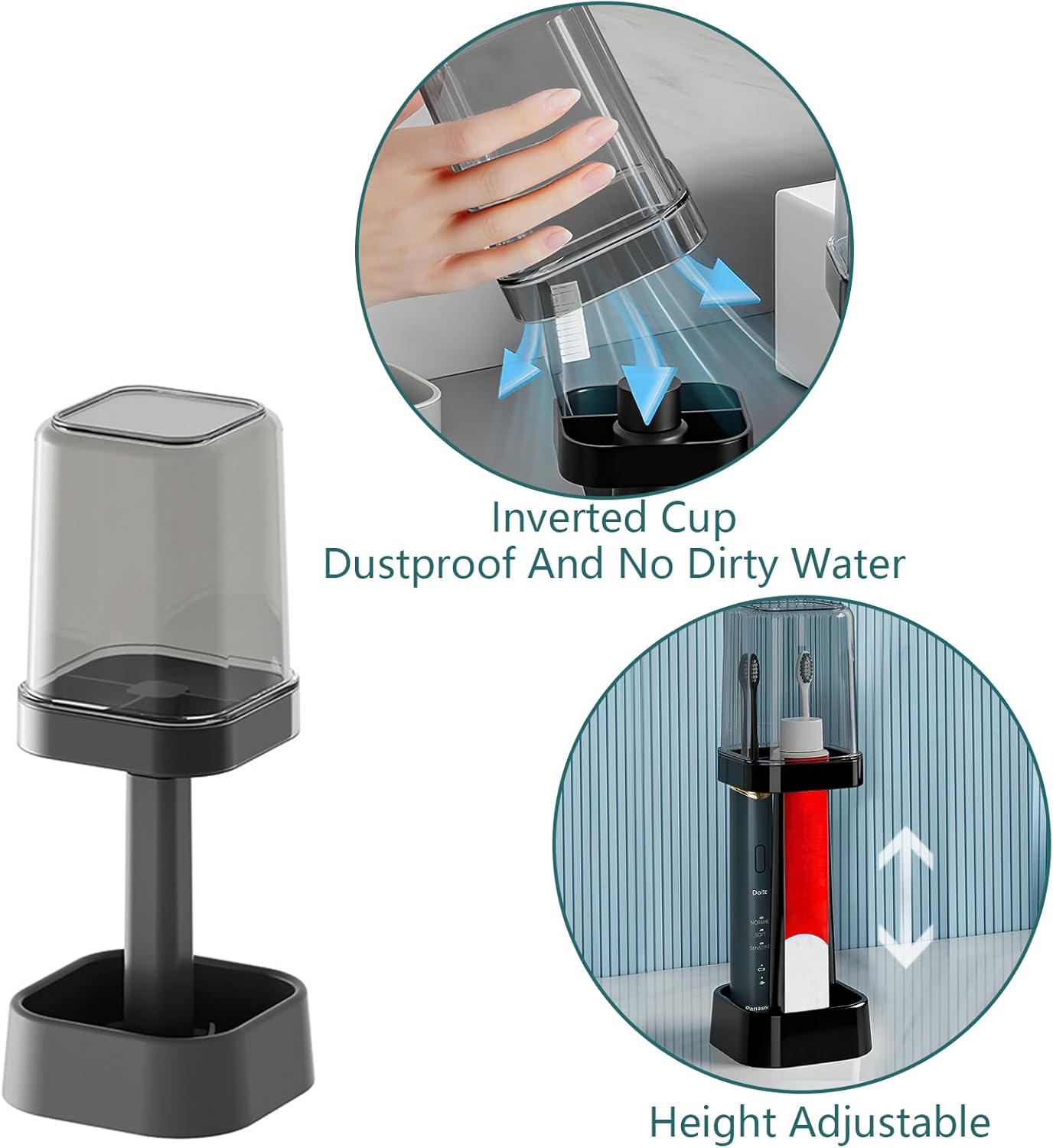 Toothbrush Holder with Cup/Cover, 3 Slots Toothpaste Holder Stand for Bathroom Countertop Plastic Storage Organizer for Toothbrushes, Electric Toothbrushes (Black)