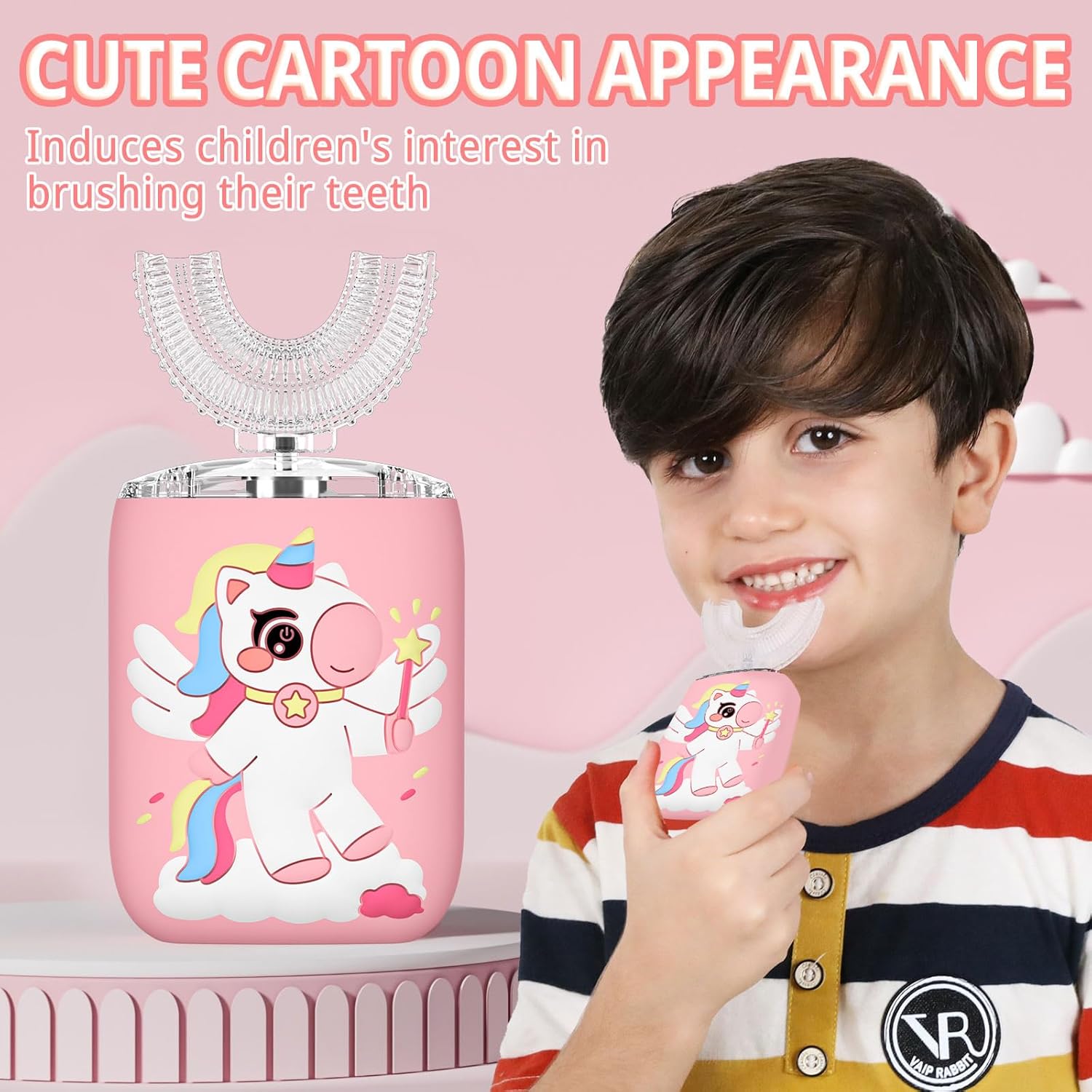Kids Electric U Shaped Toothbrush Unicorn Rechargeable Sonic Toothbrush with 4 Soft Brush Heads with Kid Toothpaste IPX7 Waterproof - (Age 2-7, Pink)