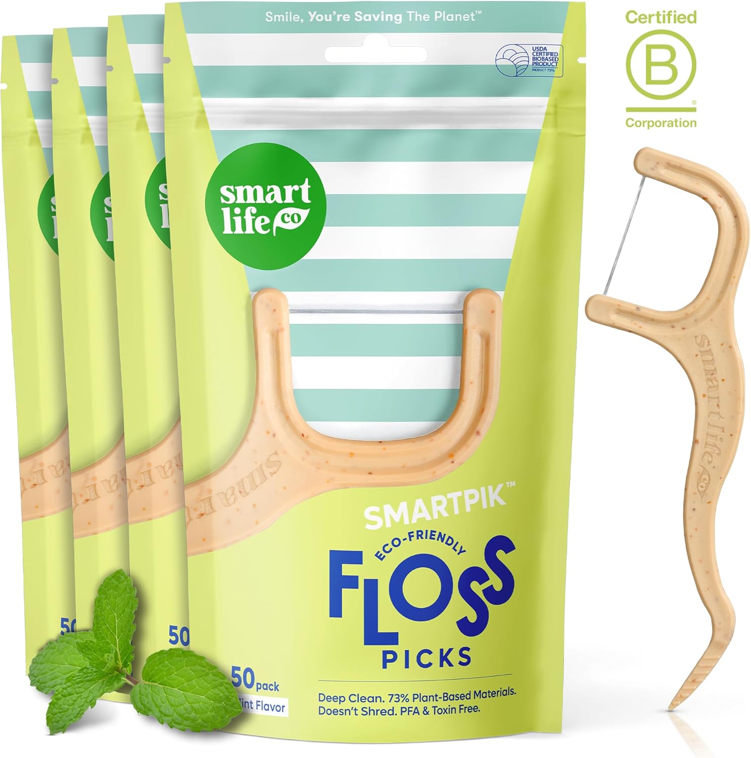 SmartLifeco Eco-Friendly Dental Floss Picks (200ct) - Flossers Made with Straw Wheat Blend, Superior Anti-Shred Thread for Tight Gaps, Tooth Pick Stick for Adults, Soft on Gum & Teeth, Vegan, Mint