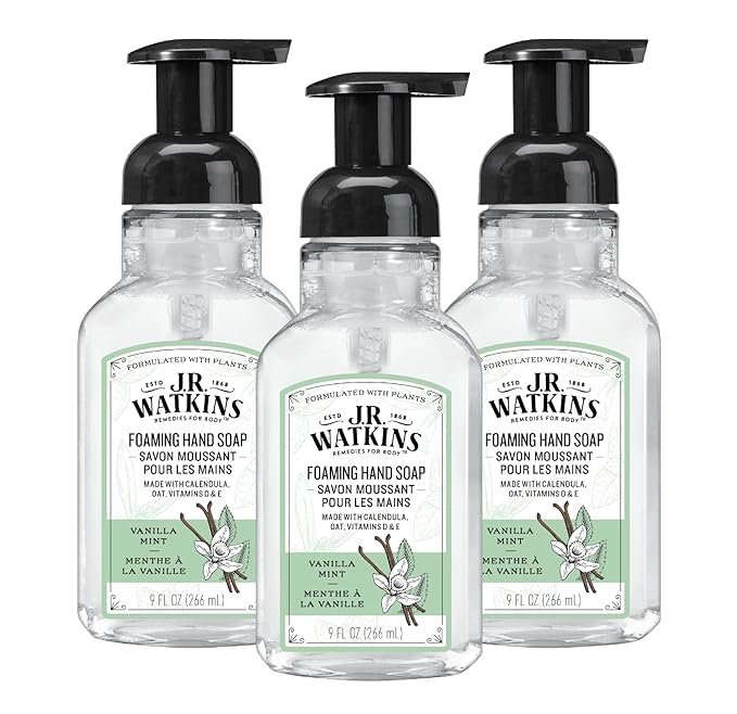 J.R. Watkins Foaming Hand Soap Pump with Dispenser, Moisturizing Hand Soap Foam, Alcohol-Free and Cruelty-Free, Use for Kitchen or Bathroom, Vanilla Mint, 9 fl oz, 3 Pack