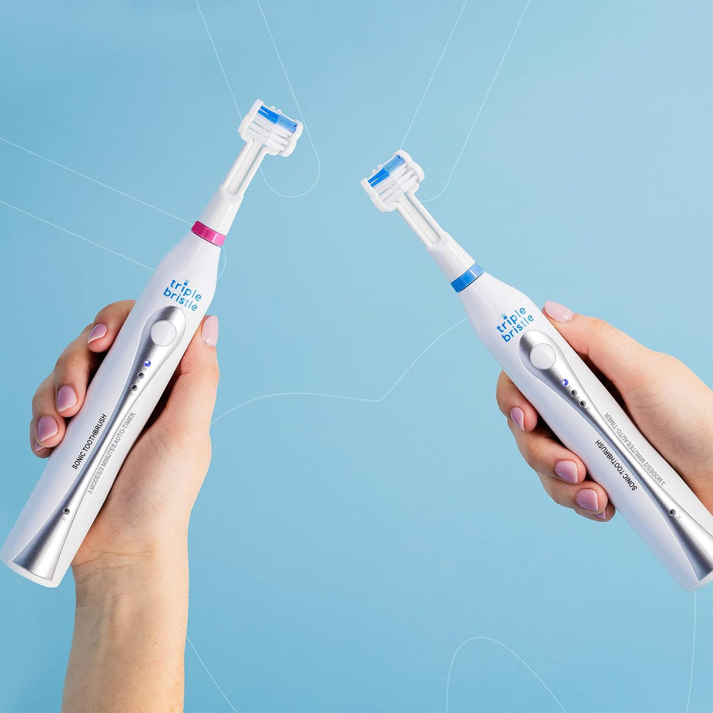 Triple Bristle Duo | 2 Sonic Toothbrushes with Dual Charging Station | Patented 3 Head Design | 31,000 VPM Electric Toothbrush Set | for Adults, Families & Couples | Triple Bristle Duo + Oral Kit