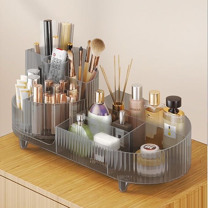 Rotating Makeup Organizer for Vanity with Brush Holder, Cosmetic Makeup Storage Organizer, Large Spinning Makeup Skincare Organizer, Countertop Makeup Perfume, Lotions Display Case (Transparent Black)