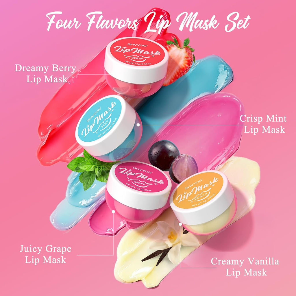 4 Pack Lip Mask Set, Hydrating Lip Mask Overnight - Berry, Grape, Mint, Vanilla Flavors, Lip Sleeping Mask Nourish Lip Balm with Vitamin C & Shea Butter | Dry Lips Care