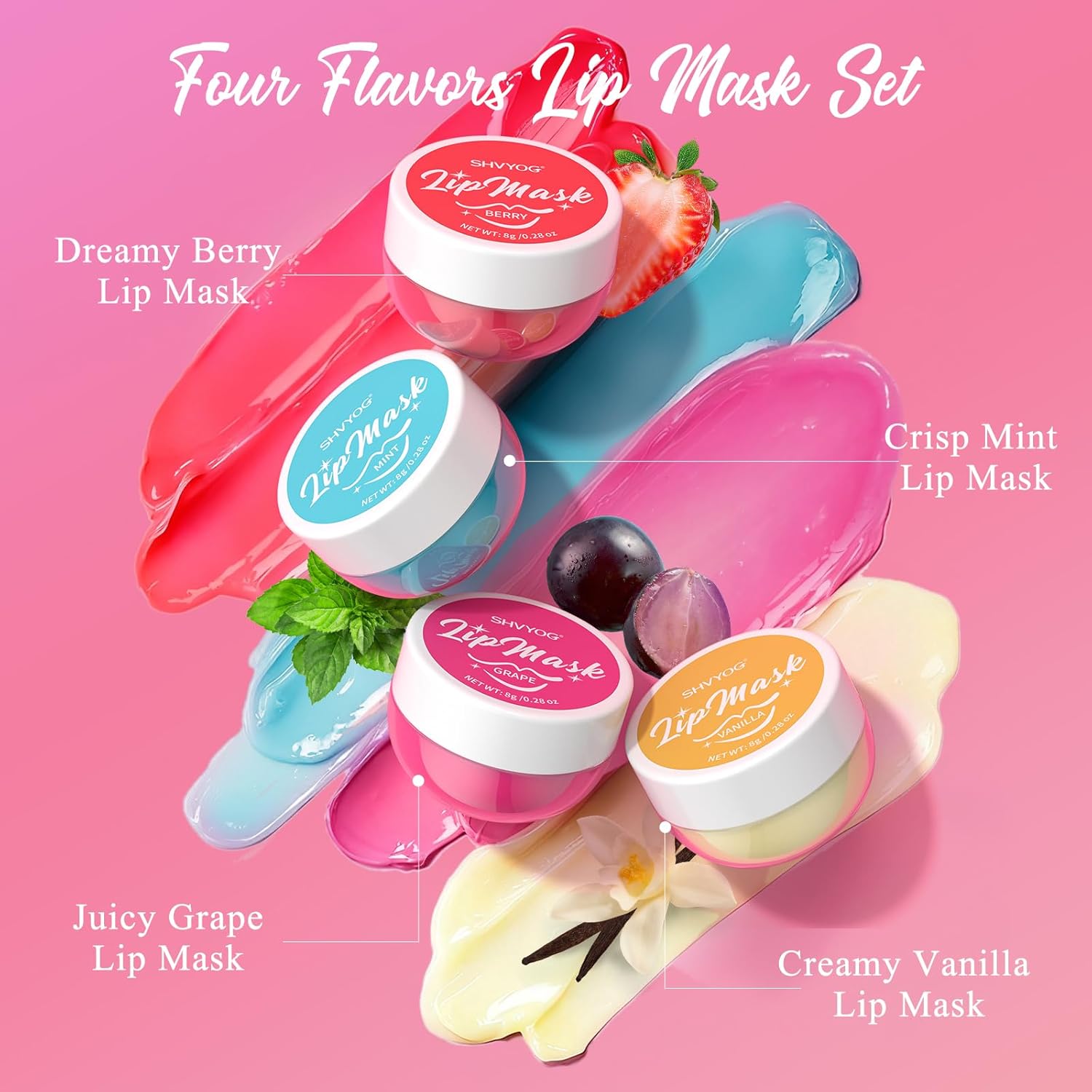 4 Pack Lip Mask Set, Hydrating Lip Mask Overnight - Berry, Grape, Mint, Vanilla Flavors, Lip Sleeping Mask Nourish Lip Balm with Vitamin C & Shea Butter | Dry Lips Care