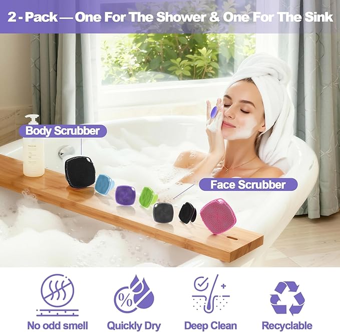 2 Pack Face Scrubbers, Silicone Face Scrubber Soft Bristles, Gentle Lather, Exfoliating & Deep Cleaning for Sensitive Skin, Giant Suction Cup Stick Securely, Easy to Store (Purple)