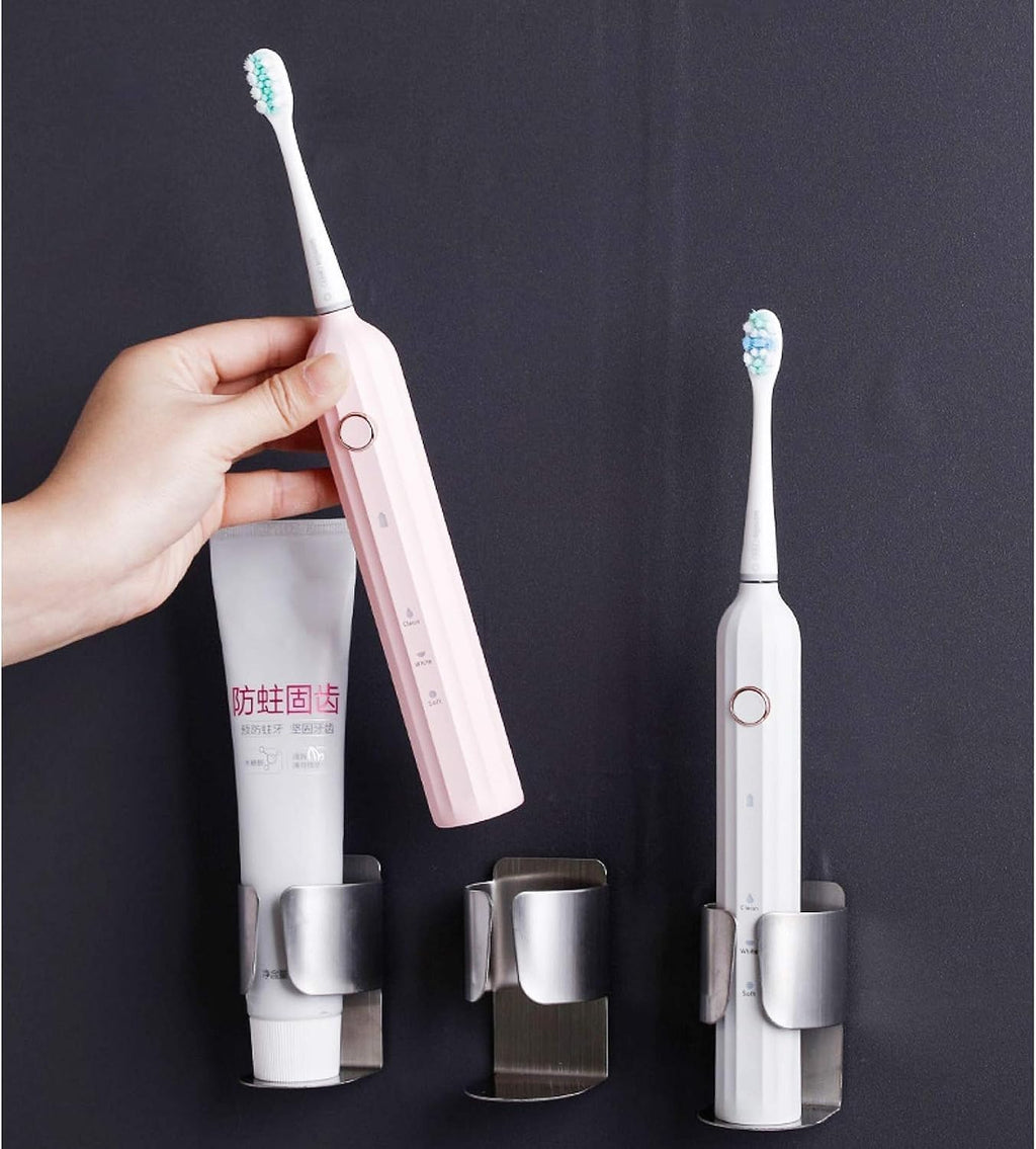 Electric Toothbrush Holder Wall Mount, 304 Stainless Steel Self-Adhesive Bathroom Organizer for Electric Toothbrush, Toothpaste & Face Wash-Space Saving, Waterproof, Holds Up to 10lbs (Silver 2 Pack)