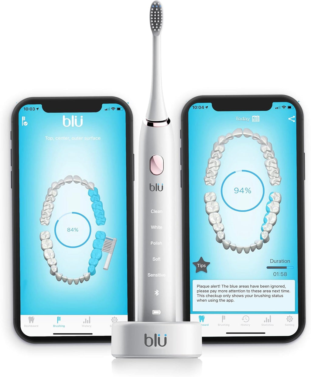 Blu Smart Electric Toothbrush, Power Sonic Toothbrush with Interactive Live Tracking App for Adults (White)