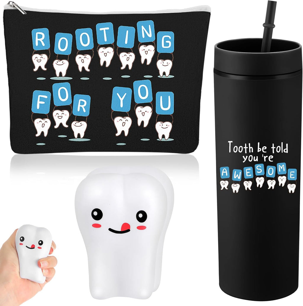 Skylety 3 Pcs Dental Hygiene Month Gifts Dental Assistant Hygienist Appreciation Gift 16oz Tumbler with Lid Cute Teeth Makeup Bag Stress Toy Employee Thank You Dentist Coworker Nurse Student(Black)