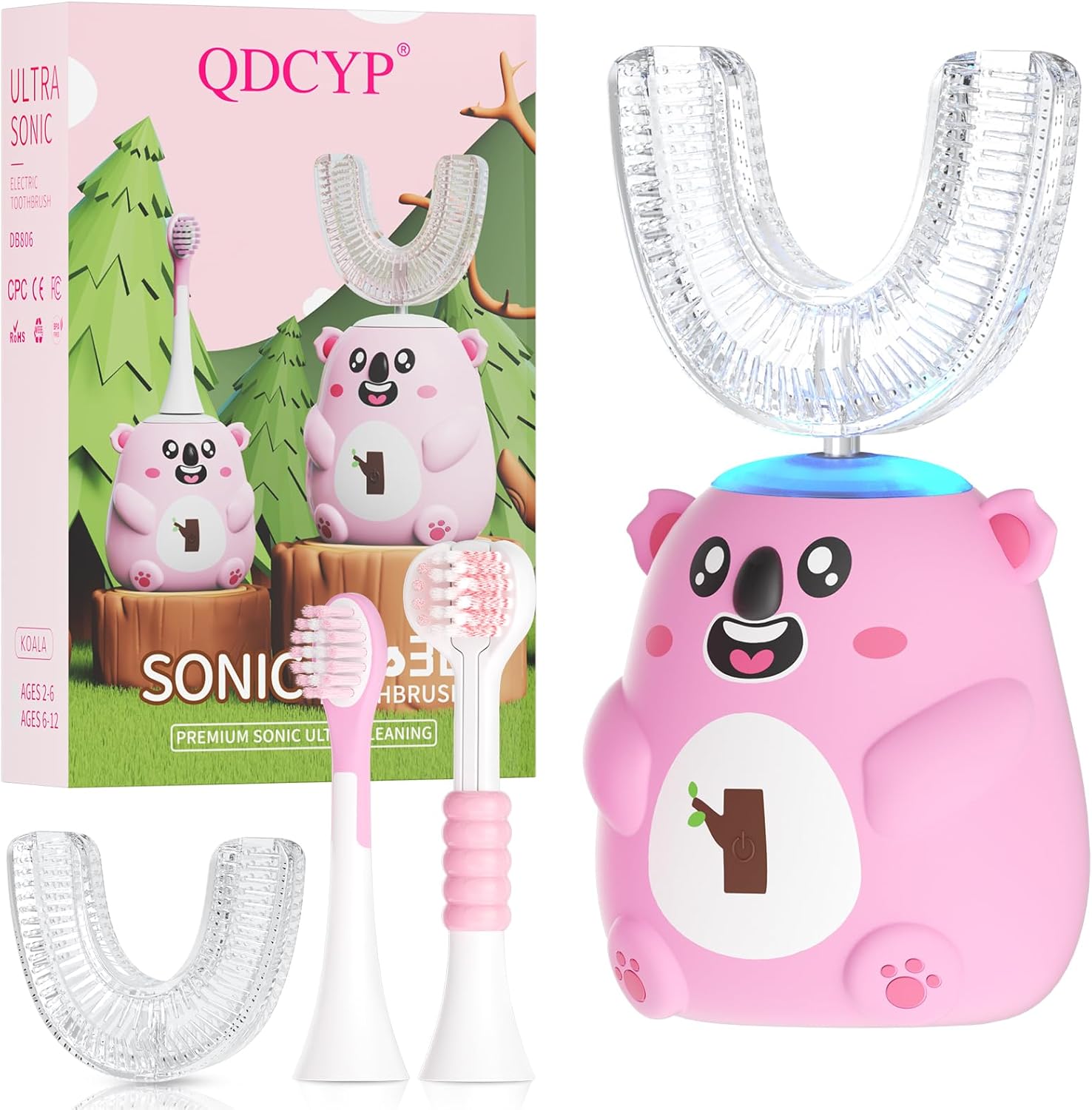 Kids U Shaped Electric Toothbrush, Automatic 360° Sonic Cleaning, 6 Modes, 4 Brush Heads, Cute Cartoon Koala Design (6-12 Age (Pink))