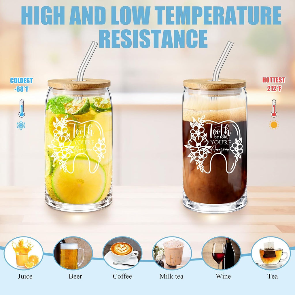 Sliner 3 Pcs Dental Hygiene Gifts Assistant Hygienist Gifts 16 oz Glass Cups Makeup Bag Teeth Stress Toy for Women Coworkers Nurse Dentist Retirement Graduation Christmas Birthday Gift(White)