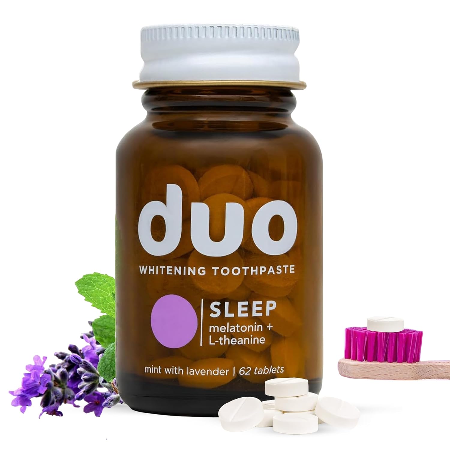 Duo Sleep Toothpaste Tablets | Melatonin w/Nano-Hydroxyapatite (nHa) - Whitening, Remineralize & Reduce Sensitivity | Sustainable & Plastic Free | Mint w/Lavender - 1 Bottle/62 Tablets