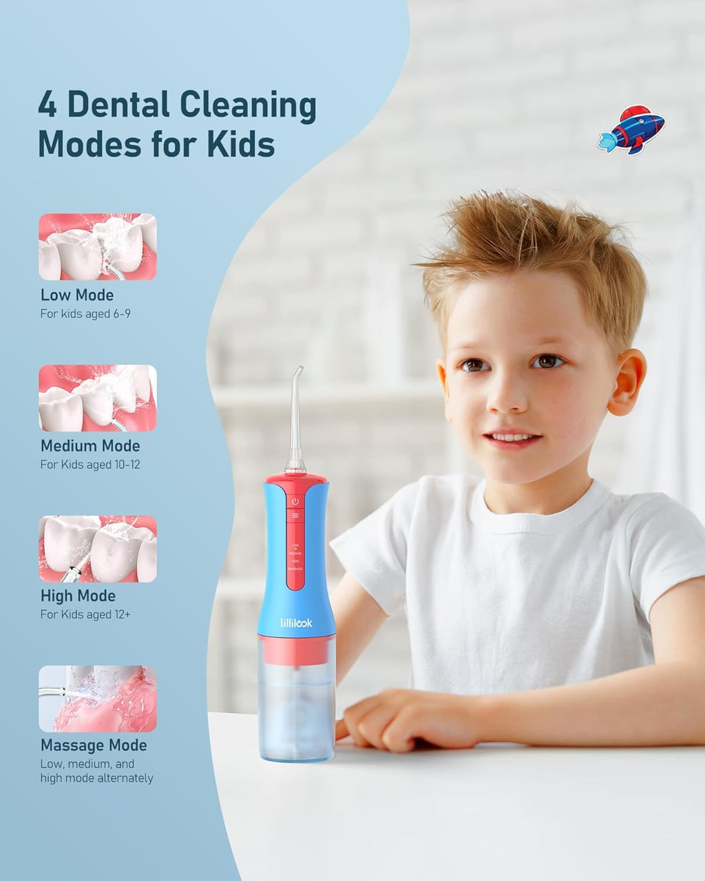 Kids Water Flosser Blue, Rechargeable Oral Irrigator for Kids Aged 6+, 4 Modes, 3 Jet Tips, Fun Stickers, Safe and Gentle Oral Care