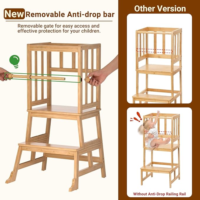 COSYLAND Kids Kitchen Step Stool，Toddler Standing Tower with CPC Certification, Removable Anti-Drop Railing Safety Rail Unique Patented Design Anti-tip Structure More Stable, 1.5-3 yrs Natural Bamboo