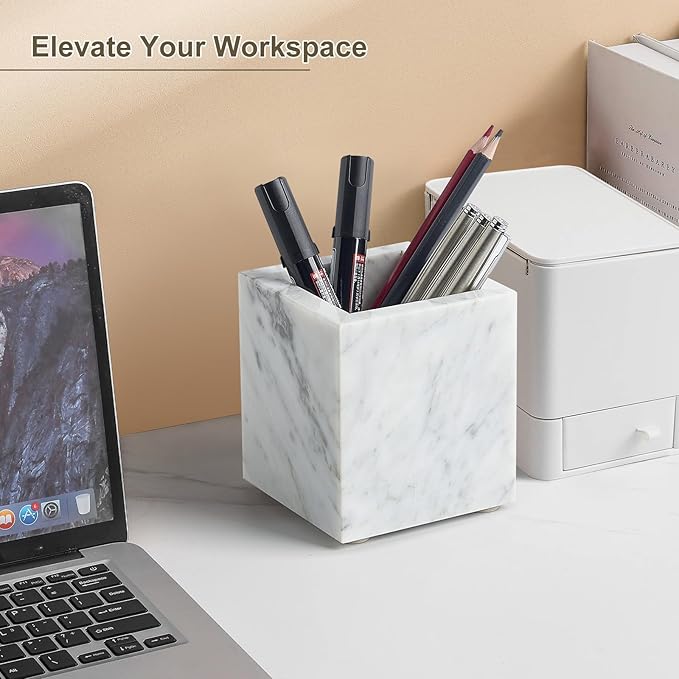 Real Natural Marble Toothbrush Holder & Pen Holder & Makeup Brush Holder, Genuine Stone Rectangular Bathroom Tumbler Cup, Durable Office & Home Countertop Organizer