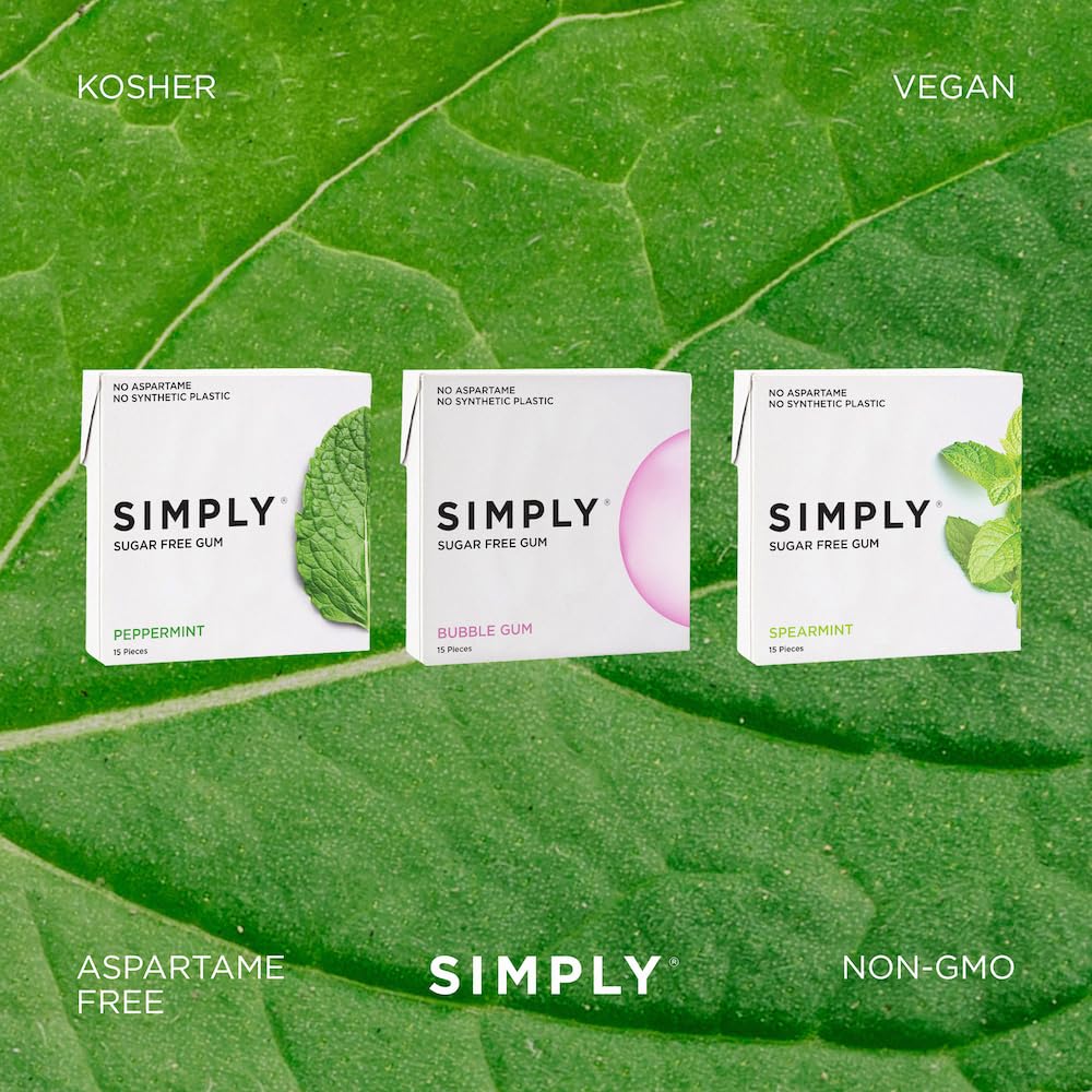 SIMPLY Gum | Dental Gum | Xylitol Chewing Gum- Sugar Free | Variety Pack- Bubblegum, Peppermint, Spearmint | Pack of Six (90 Pieces Total) | Synthetic Plastic Free + Sugar Free + Aspartame Free