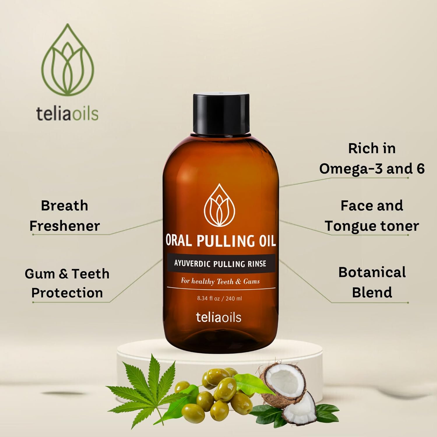 Teliaoils Coconut Pulling Oil (8.34 fl oz / 240 ml) for Mouth, Gums, Tooth – Ayurvedic Dental Mouthwash for Oral Health, Detoxification, Bad Breath – Whitens Teeth & Freshens Breath – Mint Flavor
