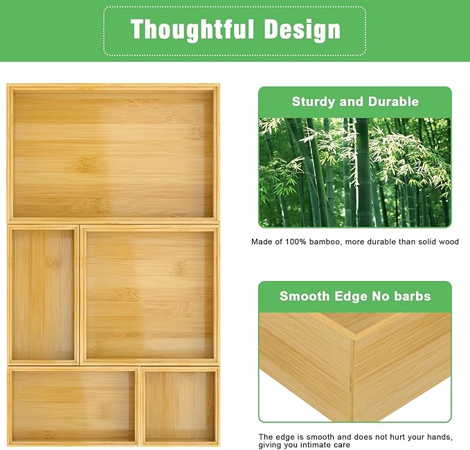 Bamboo Bathroom Drawer Organizer Dividers, Wooden Kitchen Utensil Holder Set of 5, Stackable Junk Drawer Organizer Tray, Multi-Use Storage Bins Boxs for Home, Office, Clothing, Makeup, Jewelry