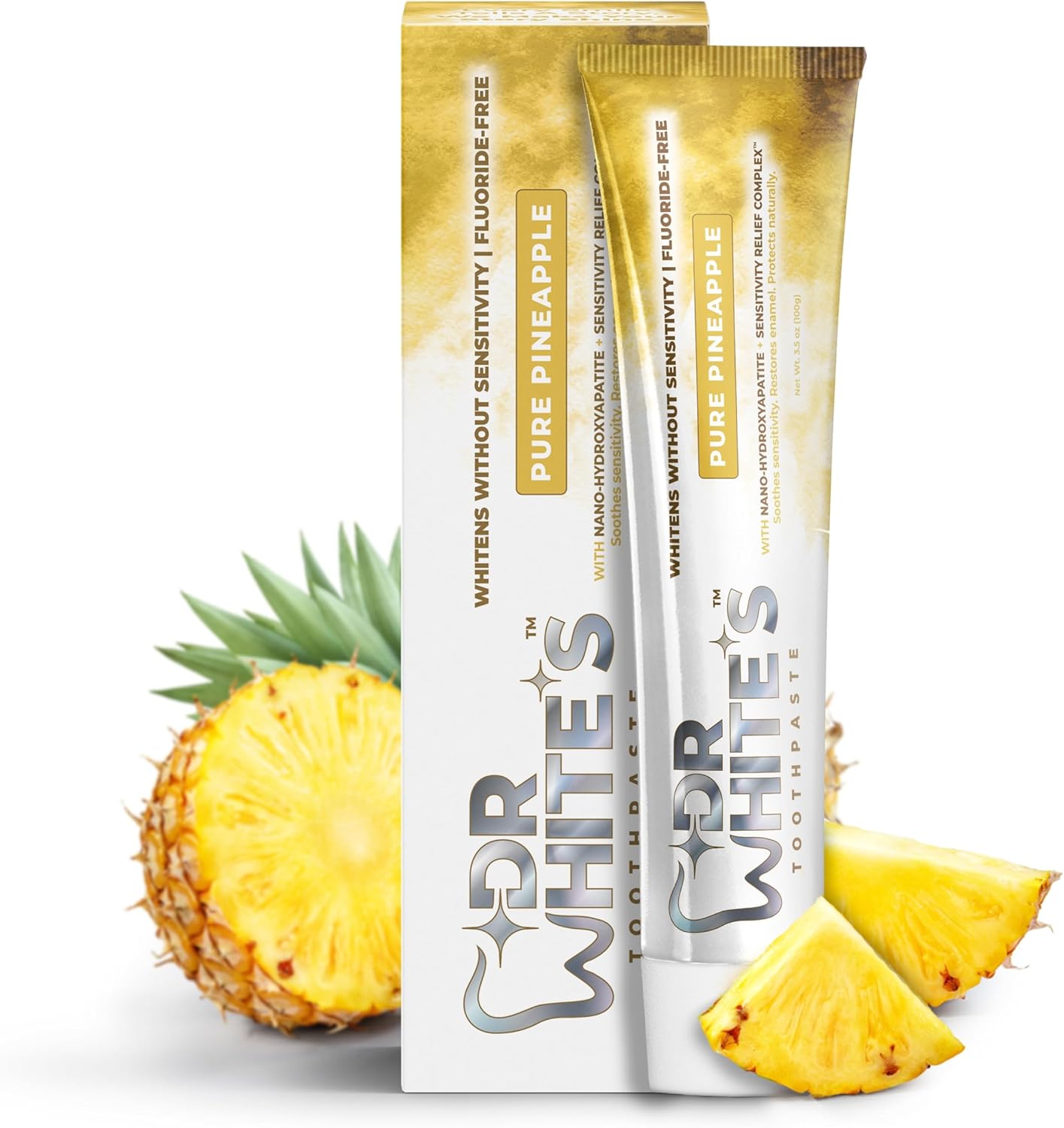 Dr. White’s Fluoride-Free nHA Toothpaste; Dentist-Formulated, Nano Hydroxyapatite + Xylitol, Sensitivity Relief Complex™, Mint-Free, Enamel Safe, Swallow-Safe (3.5 Oz, Pure Pineapple)