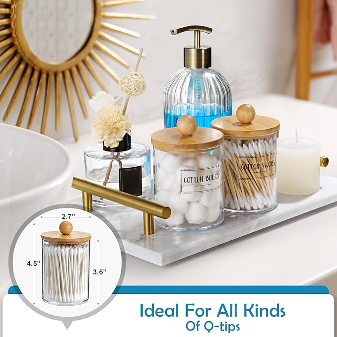 2 Pack Qtip Holder Dispenser with Bamboo Lids - 10 oz Clear Plastic Apothecary Jar Containers for Vanity Makeup Organizer Storage - Bathroom Accessories Set for Cotton Swab, Ball, Pads, Floss