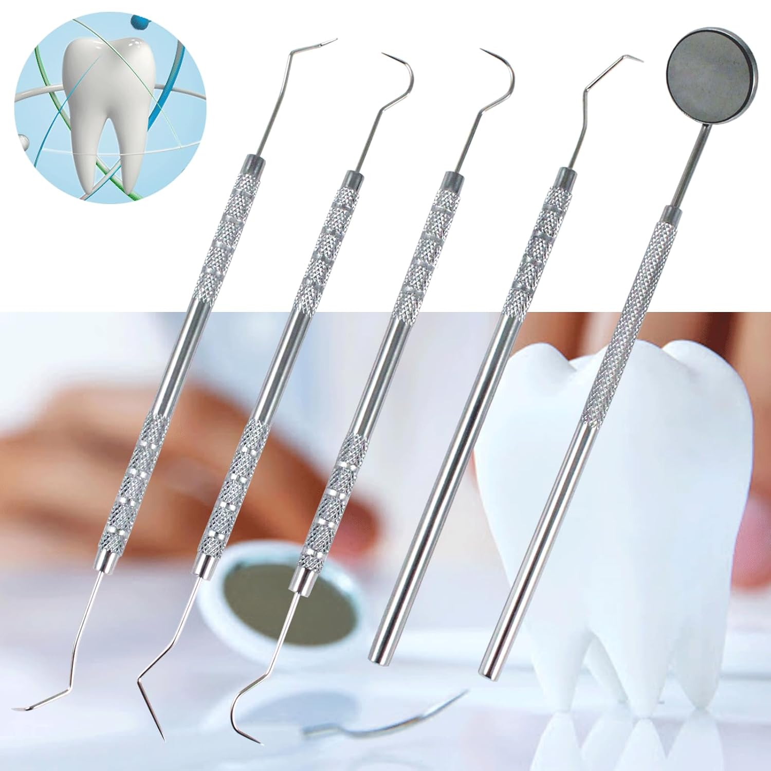 Professional Dental Tools - Dental Pick, Dental Scaler for Tartar Plaque Remover Tooth Cleaner Teeth Scraper Dentist Hygienist Kit Sickle Scaler Teeth Cleaning Set Stainless Steel 5 Pc By Krisp Beauty