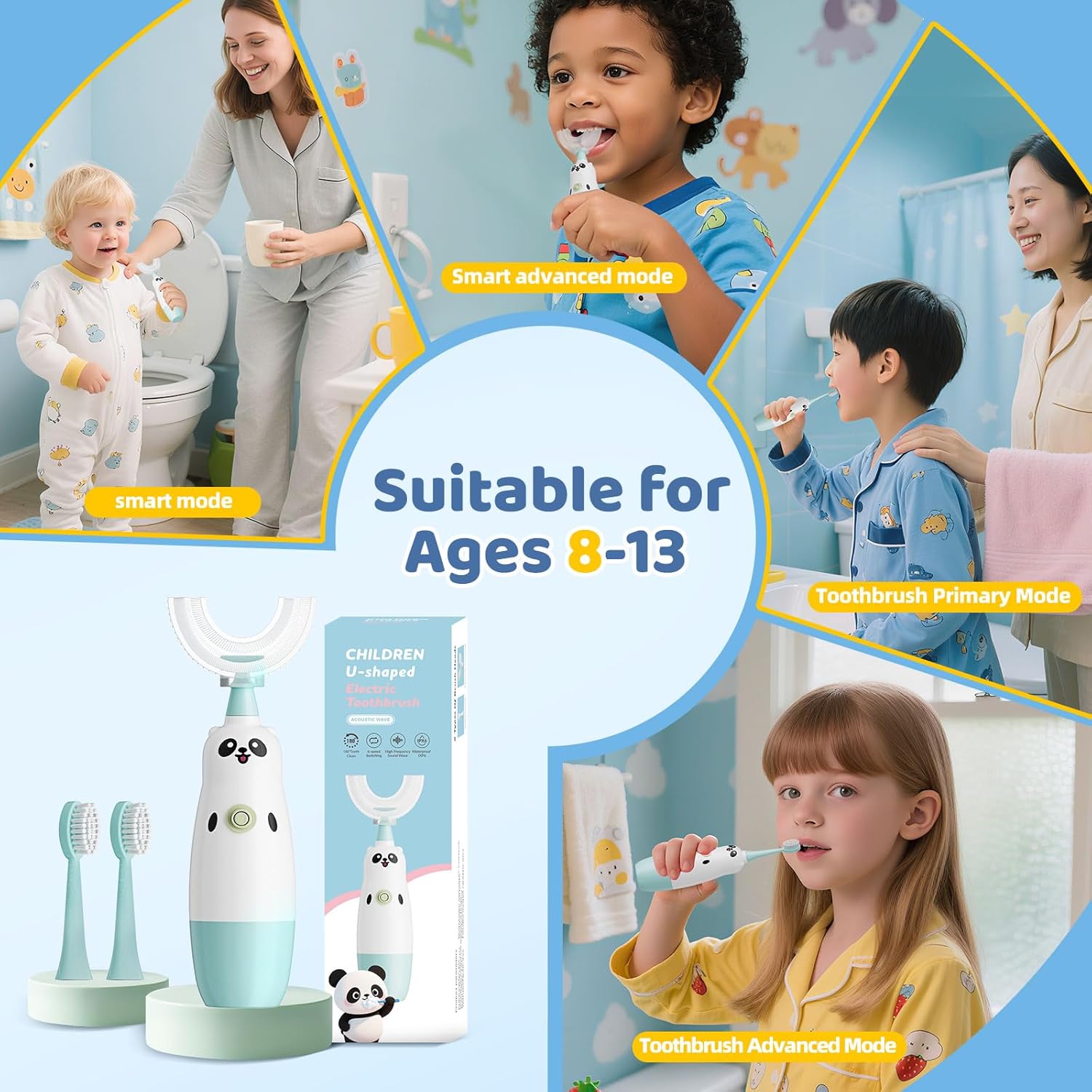 Kids U-Shaped Electric Toothbrush with 2 Brush Heads, Toddlers Sonic with 360 Degree Cleaning, Soft Bristles, Battery Included, IPX7 Waterproof, Cute cartoon for Girls and Boys, Ages 8-13 (Blue)