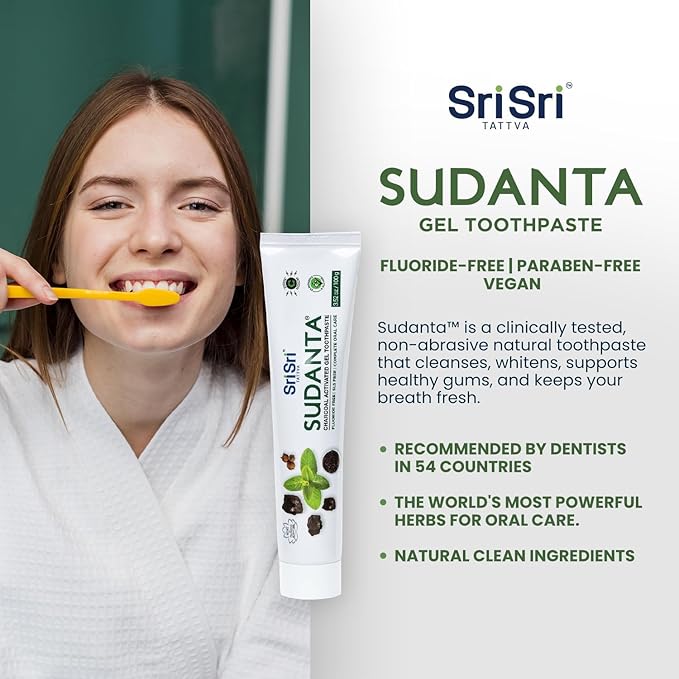 Sri Sri Tattva Sudanta Charcoal Toothpaste Gel – SLS, Fluoride Free Herbal Toothpaste with Neem & Ayurvedic Herbs – Natural Teeth Whitening, Fresh Breath, Oral & Gum Health – 100g Tube (Pack of 4)