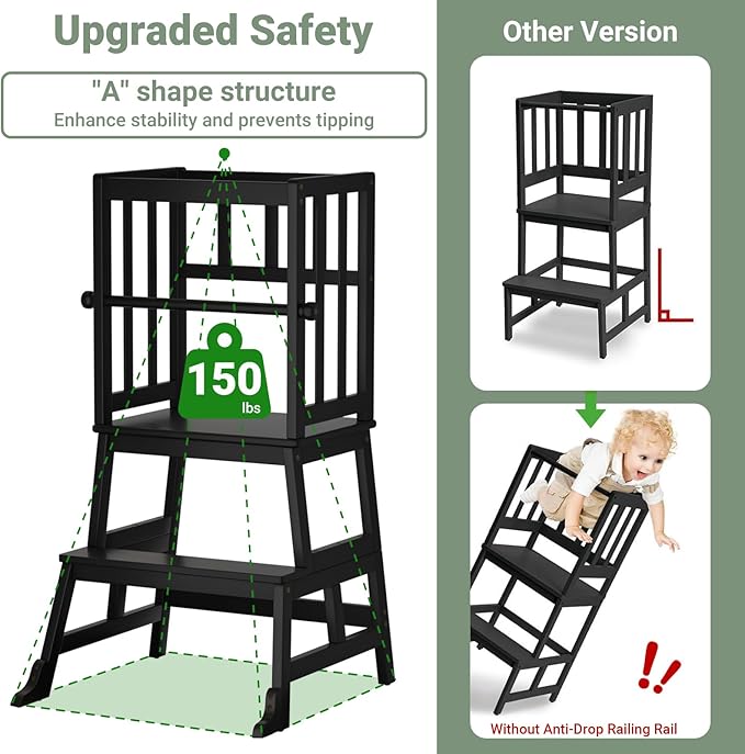 COSYLAND Kids Kitchen Step Stool Helper Baby and Toddler Multi-Function Step up Nursery Helper Stand with Safety Rail in Natural Bamboo, Strong and Lightweight 1.5-3 Years (Black)