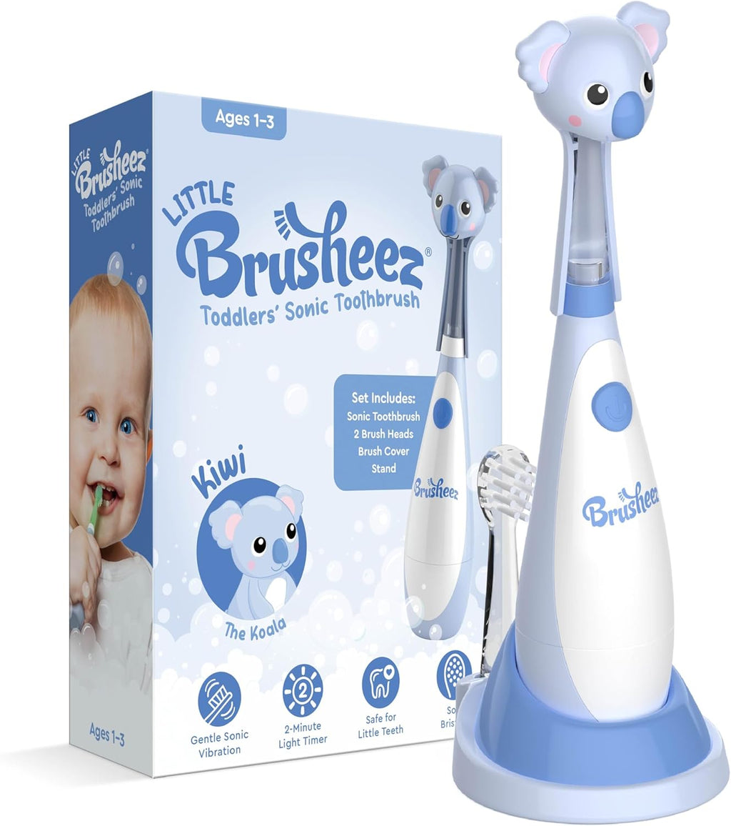 Brusheez Little Toddlers’ Sonic Toothbrush - Safe & Gentle Toothbrush for Ages 1-3 with Built-in, Light-Up 2-Minute Timer, Extra Brush Head, & Storage Base for First-Time Brushers (Kiwi The Koala)