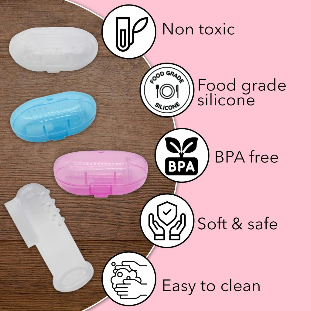 Baby Finger Toothbrush (Set of 3) - Silicone Baby Toothbrush with 3 Cases in Blue, Pink & Clear- Toddler Training Toothbrush - Newborn Oral Massager - Easy Oral Hygiene for Kids & Pets