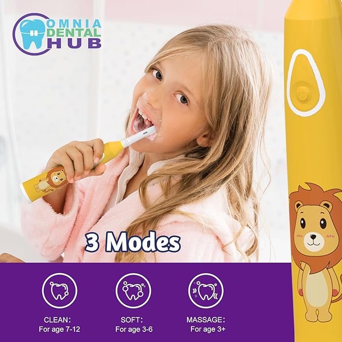 1 PC Rotating Kids Electric Toothbrush with 2 Brush Heads IPX7 by Omnia ONE | 3 Modes, Rechargeable 30 Days Battery Life, IPX7 Waterproof, USB Charger & Block Included, Fun & Effective Oral Care