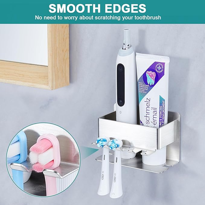 Toothbrush Head Holders, Electric Tooth Brush Head Holder, Adhesive Toothpaste Holder for Shower Bathrooms, Wall Mounted Tooth Brushing Holder Organizer Storage (Silver, Small)
