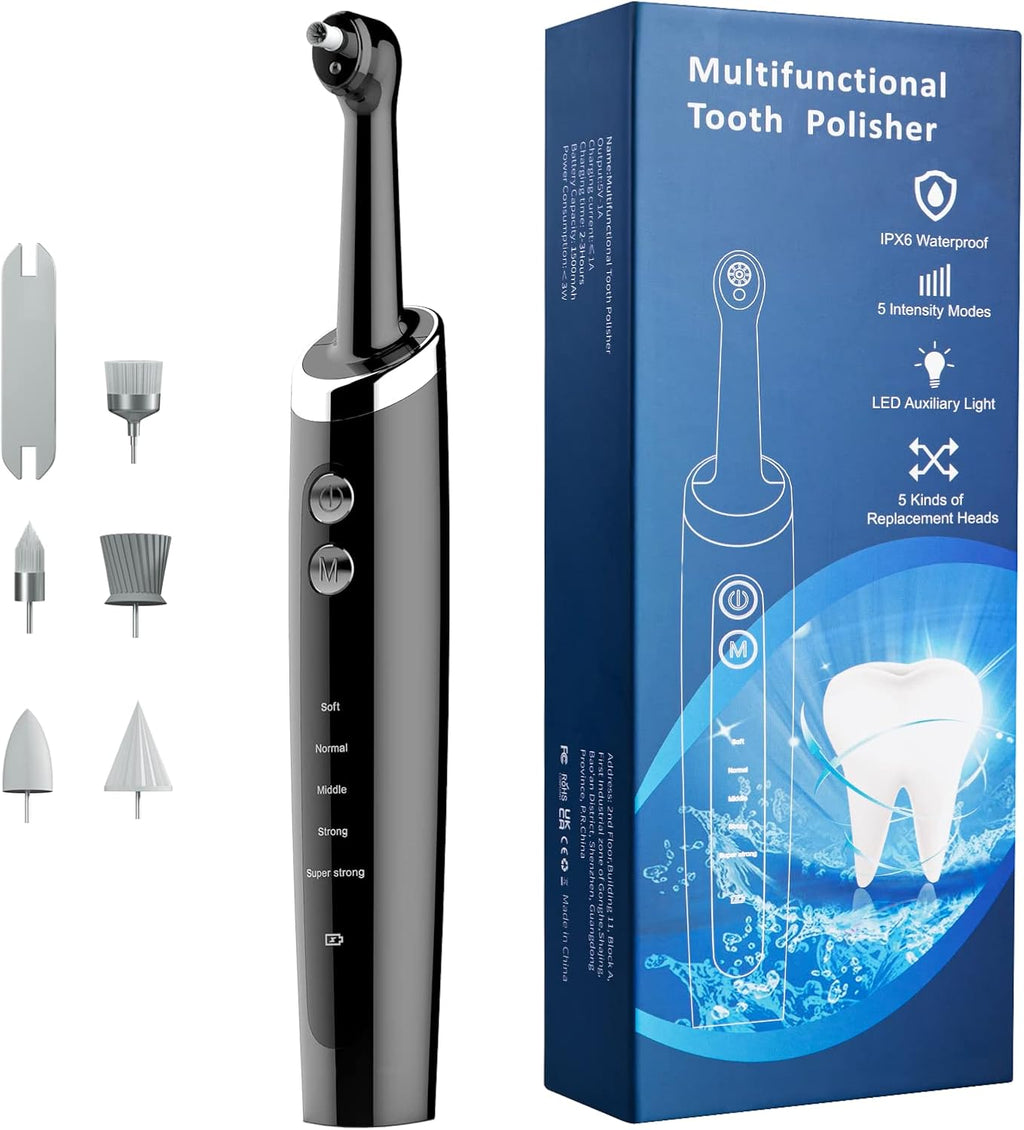 Tooth Polisher Rechargeable,Tooth Buffer Polisher with 5 Replacement Heads & Cleaning Modes, USB Rechargeable, Ipx6 Waterproof, Teeth Black Stain Remover for Adults & Kids Black