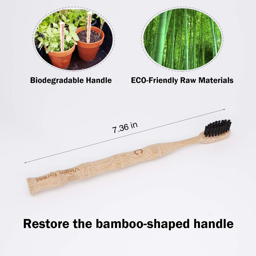 Virgin Forest Bamboo Toothbrush, Vegan Natural ECO Friendly Wood Toothbrushes, Biodegradable Organic Charcoal Tooth Brush, Pack of 6