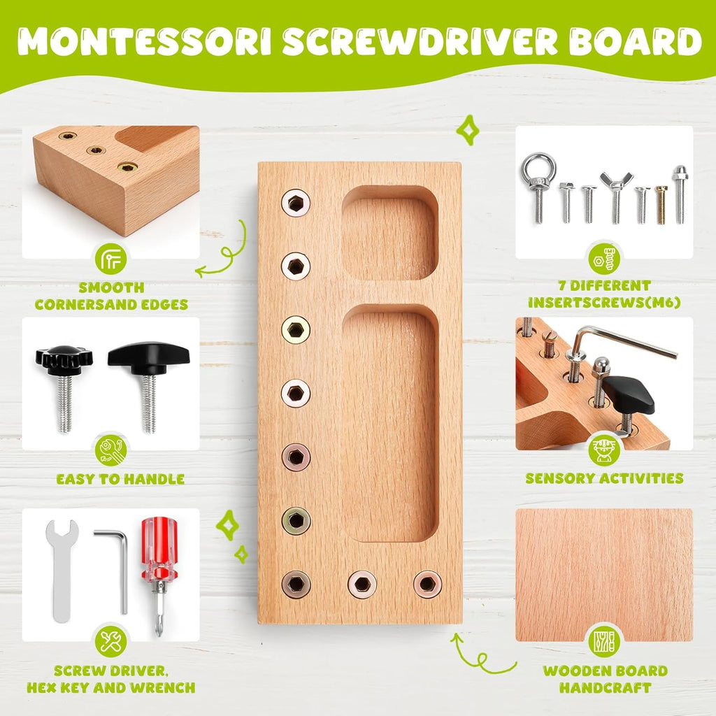 TenFans Montessori Busy Board for Toddlers 3-5 Years, Wooden Screwdriver Activity Board, Fine Motor Skills & Sensory Development Toy, Preschool Learning & Travel