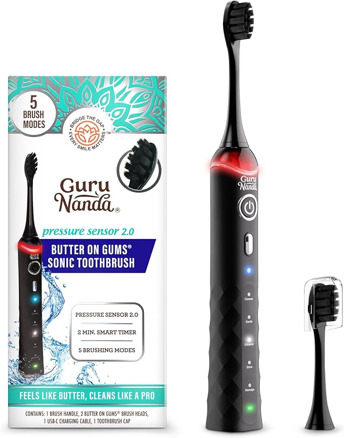 GuruNanda Pressure Sonic 2.0 Electric Toothbrush with Butter On Gums Bristles – Smart Pressure Sensor, 5 Modes, 2-Min Timer, 55-Day Rechargeable Battery, IPX7 Waterproof, Black