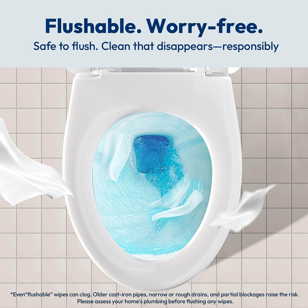 Flushable Wet Wipes - 6 Large Packs (360 Ct) - Unscented Extra-Large Body & Hand Tissue with Vitamin E & Aloe - For Adults, Children & Kids - Ideal for Home, Bathroom, Car & Everyday Hygiene