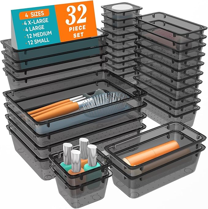 WOWBOX 32 PCS Clear Plastic Drawer Organizer Set, 4 Sizes Desk Drawer Organization and Storage Containers for Makeup, Cosmetics, Jewelry and Gadgets in Kitchen, Bathroom, Bedroom, Office, Clear Black