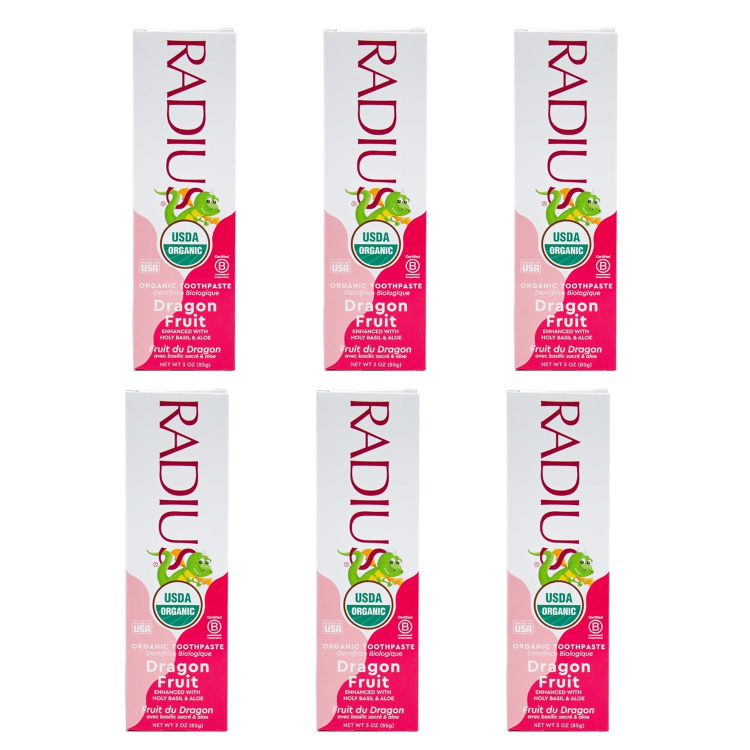 RADIUS USDA Organic Kids Toothpaste 3oz Non Toxic Chemical-Free Gluten-Free Designed to Improve Gum Health for Children's 6 Months and Up - Dragon Fruit - Pack of 6