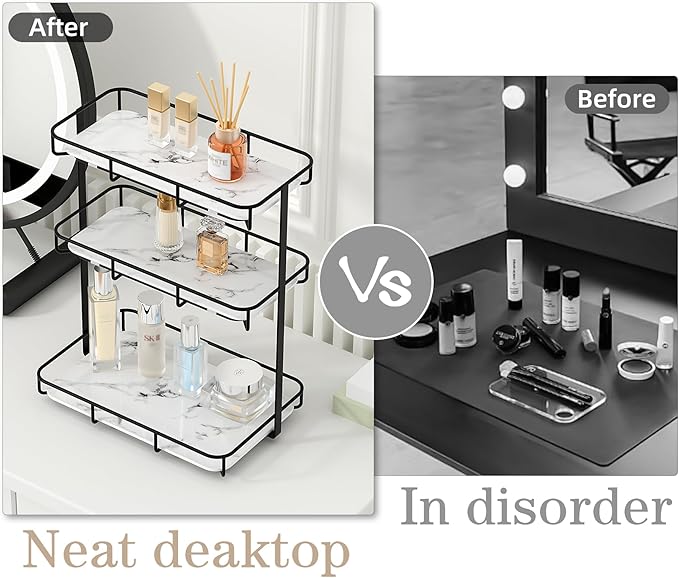 Bathroom Organizer Countertop Perfume Organizer Makeup Organizer Cosmetics Storage Display Rack Vanity Tray Dresser Stainless Steel Gold Shelf White Marble Ceramic Tray