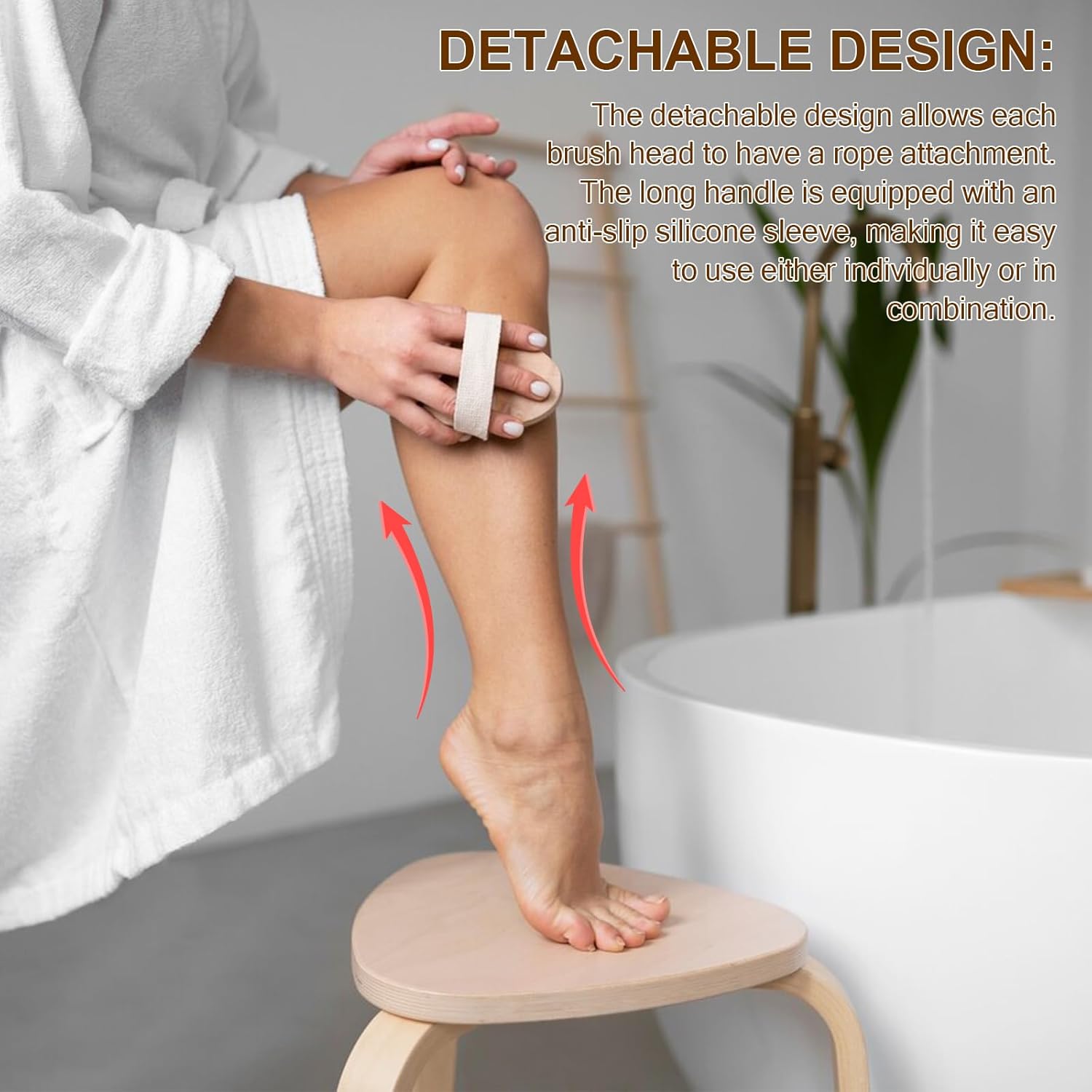 Dry Brushing Set - Natural Boar Bristle Body & Face Brush, Wooden Long Handle Scrub Brush for Cellulite & Lymphatic Drainage, Detachable, 3 Brush Heads