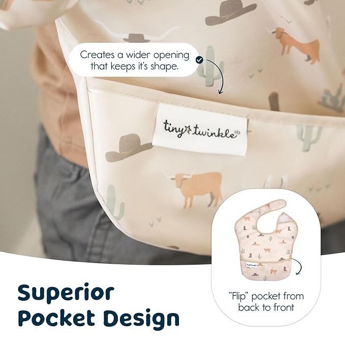 Tiny Twinkle Mess-Proof Baby Bibs for Eating | Waterproof, Wipeable Toddler Bibs with Catch-All Pocket | Feeding Bibs for Girls & Boys(3 Pack,Cowboy)