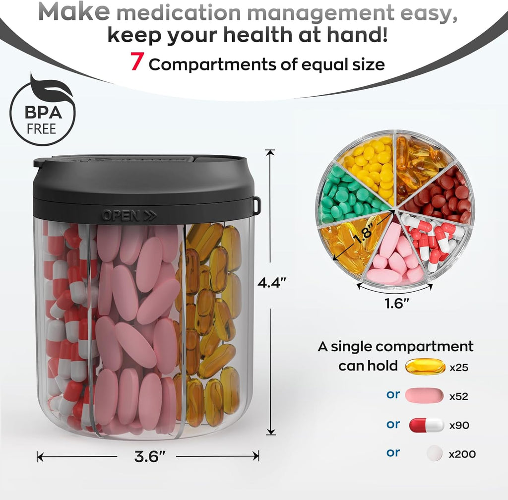 Pill Dispenser with 7 Large Compartments, Pill Bottle Organizer for Travel, Supplement Organizer with Anti-Mixing Design, Pill Container with 20 Pcs Labels, Black 2Pcs