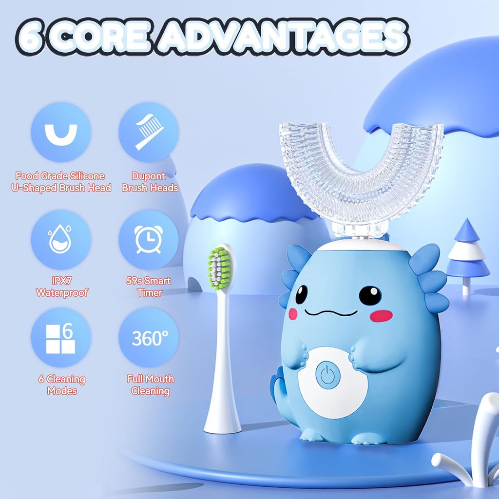 Kids Electric U Shaped Toothbrush - Axolotl Kids Rechargeable Sonic Toothbrush with 6 Brush Heads Full Mouth 6 Cleaning Modes - Age2-15 Blue