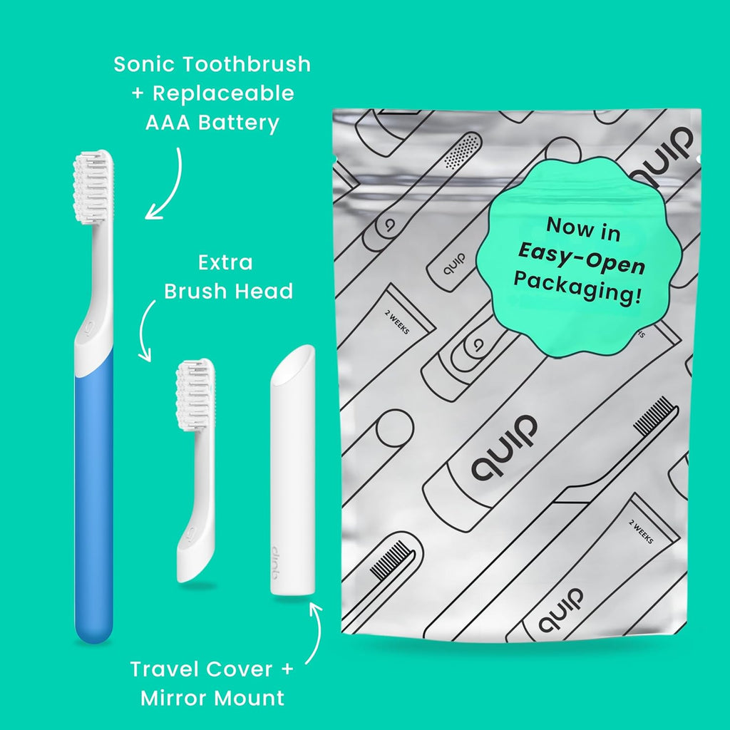 Quip Sonic Electric Toothbrush for Adults - Time Travel & Soft Bristles with Travel Case & Replacement Brush Head - 3 Month Battery Life, Plastic Handle - Blue